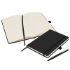 a black and white notebook and pen