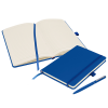 a blue and white notebook