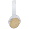 a white headphones with a wooden circle