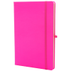 a pink notebook with a button