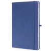 a blue notebook with a button