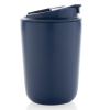 a blue plastic cup with a lid