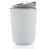 a white cup with a grey lid