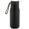 a black water bottle with a strap