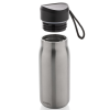 a silver water bottle with a black cap