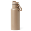 a tan water bottle with a strap