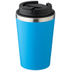 a blue coffee cup with a black lid