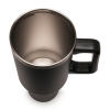 a black coffee cup with a handle