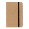 a brown notebook with a black band