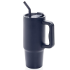 a black mug with a straw