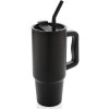 a black mug with a straw