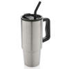 a stainless steel travel mug with a straw