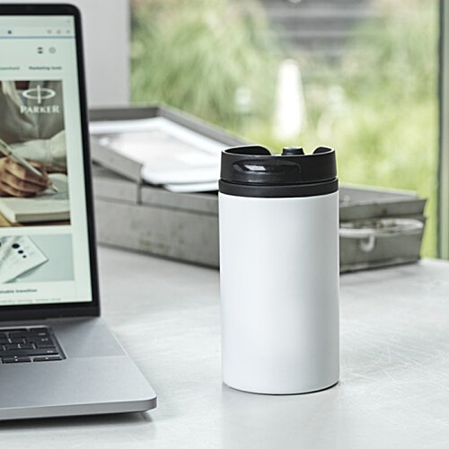 Additional Image 3 - a white cup with a black lid on a table