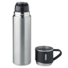 a silver thermos and a black mug