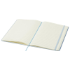 a white notebook with blue lines