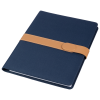 a blue notebook with a brown band