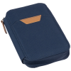 a blue case with a brown handle