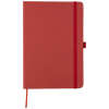 a red notebook with a bookmark