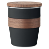 a black and brown container with a wooden lid