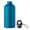 a blue water bottle and a black cap