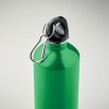 a green water bottle with a black handle