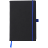 a black notebook with a blue band