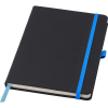 a black notebook with a blue band