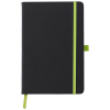 a black notebook with a green band