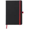 a black notebook with red band