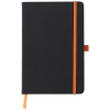 a black notebook with orange band