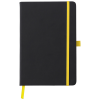 a black notebook with yellow band