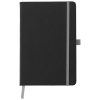 a black notebook with a metal band