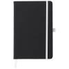 a black notebook with a white stripe