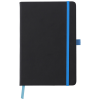 a black notebook with a blue stripe