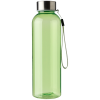 a green water bottle with a silver strap