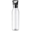 a clear bottle with a black top