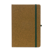 a brown notebook with a green band