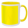 a yellow mug with a white border