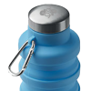 a blue water bottle with a silver lid