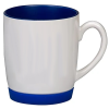 a white and blue coffee mug