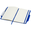 a blue and white notebook with a blue pen