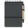 a black notebook with a pen