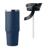 a blue tumbler with a black lid