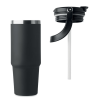 a black tumbler with a straw