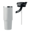 a white cup with a black lid
