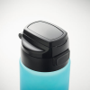 a blue bottle with a black lid