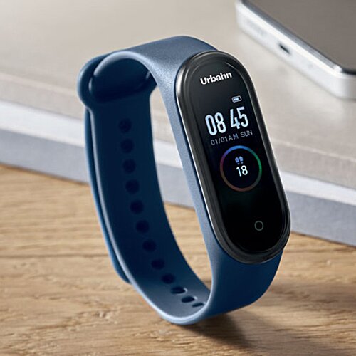 Additional Image 3 - a blue fitness tracker on a wood surface
