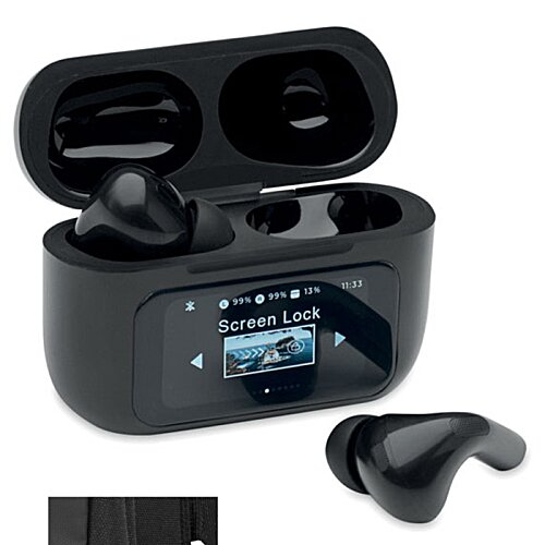 Additional Image 1 - a black wireless earbuds with a screen