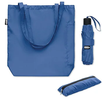 Blue umbrella next to a blue bag.