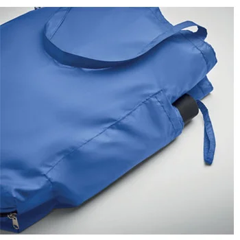 Blue bag with a side pocket holding a blue umbrella.